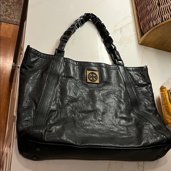 Tory Burch Black Leather Tote with Gold Logo - Picture 2 of 6